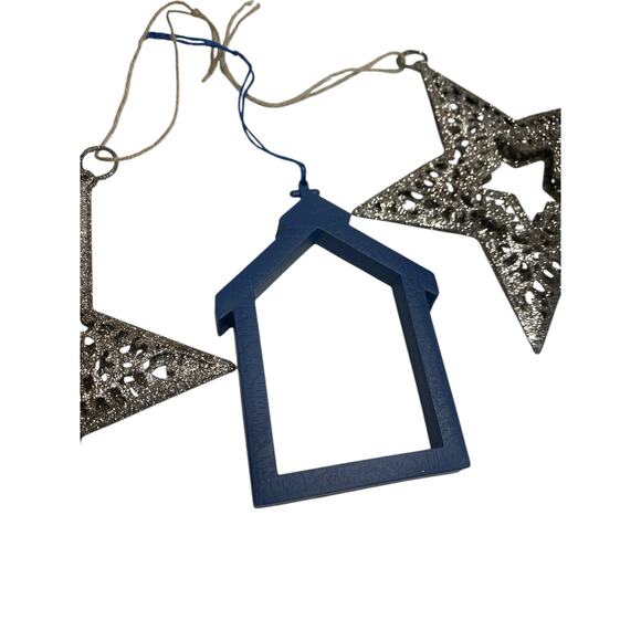 Lot of 3 Christmas Ornaments - 2 Golden stars and 1 Blue House with Cross on Top - Picture 3 of 5